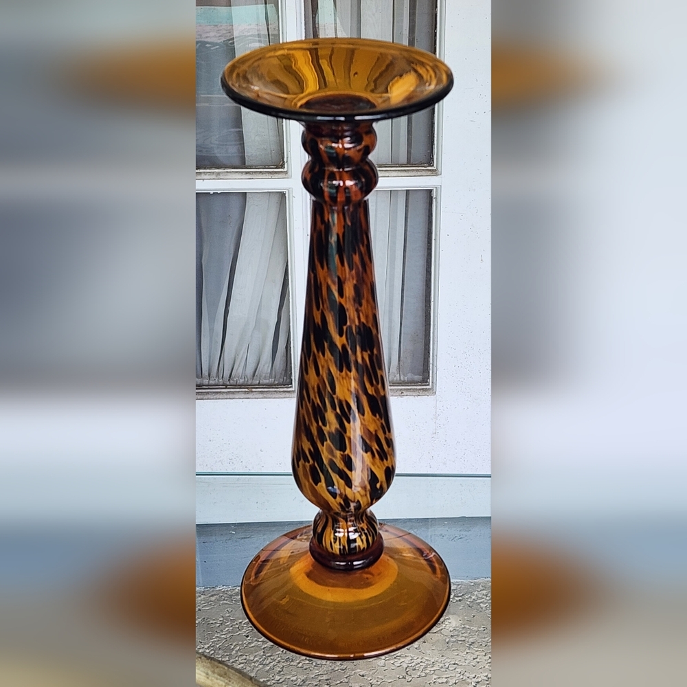 Vintage Murano Style Amber Swirl Candle Holder, Art Glass Pedastal